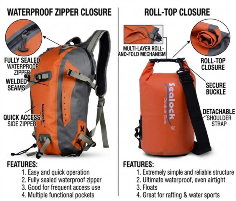 Roll Top vs Genți de camping cu fermoar impermeabile pentru proiecte OEM