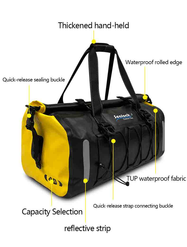 Labeled structure of a waterproof motorcycle saddlebag showing thickened hand-held, quick-release sealing buckle, waterproof rolled edge,reflective strip,tup waterproof fabric and qucik-release strap connecting buckle Labeled structure of a waterproof motorcycle saddlebag showing thickened hand-held, quick-release sealing buckle, waterproof rolled edge,reflective strip,tup waterproof fabric and qucik-release strap connecting buckle