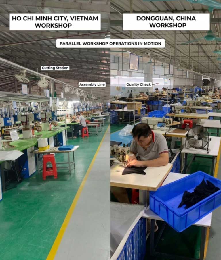 Dongguan and Ho Chi Minh City waterproof bag production floors side by side