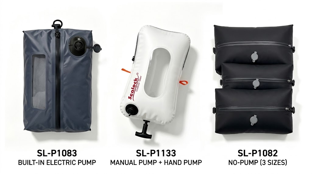Three travel compression bags side by side: built-in electric pump, hand pump and one-way valve roll bag